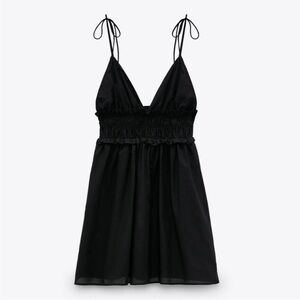 Zara Mini Black V Neck Babydoll Cotton Dress XS